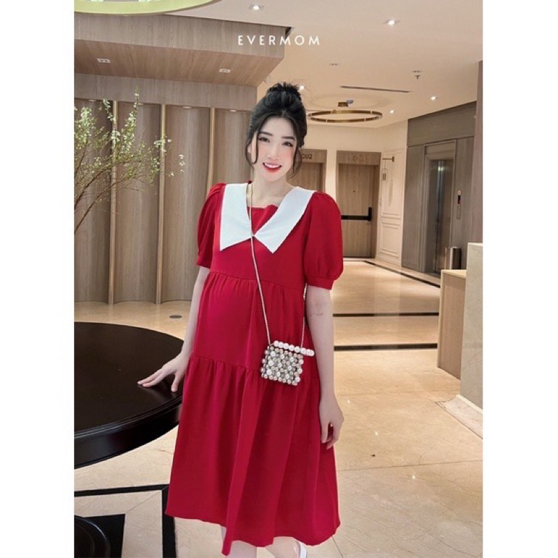 Đầm bầu công sở dáng rộng cổ nhọn phối màu trắng chất đũi hàn thanh lịch