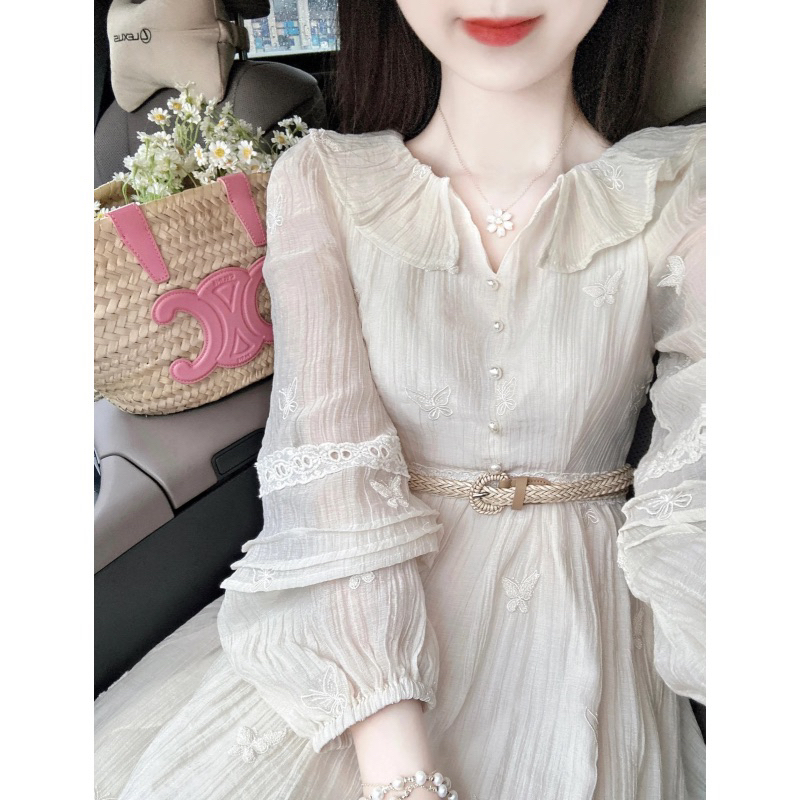 Váy voan tơ trắng cổ bèo