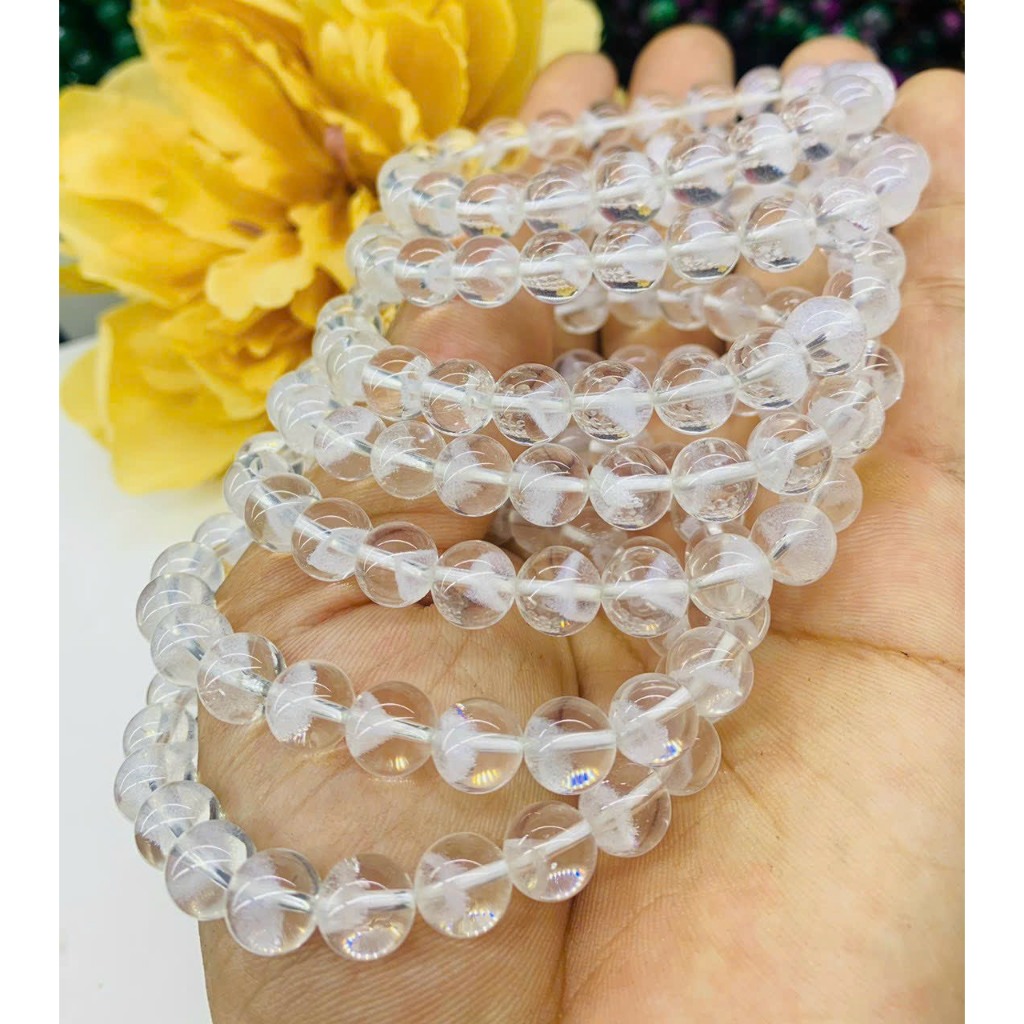 Vòng tay đá thach anh ưu linh trắng vân kim tự tháp kiểm định