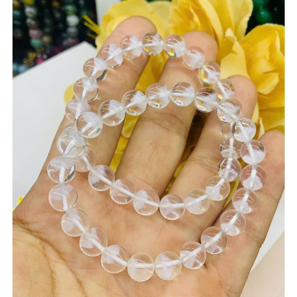 Vòng tay đá thach anh ưu linh trắng vân kim tự tháp kiểm định