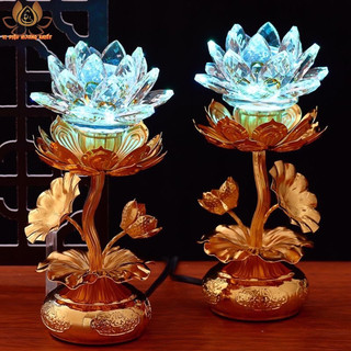 [HÀNG SẴN] CẶP 2 CÂY ĐÈN LED HOA SEN PHA LÊ THỜ CÚNG TRANG TRÍ