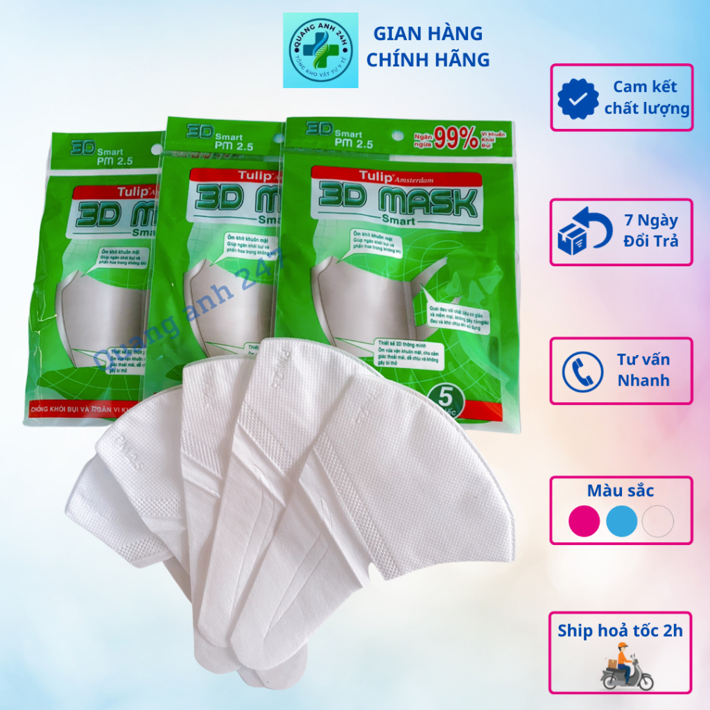 Túi 10 Cái Khẩu Trang 3D Tulips Kháng khuẩn, chống bụi
