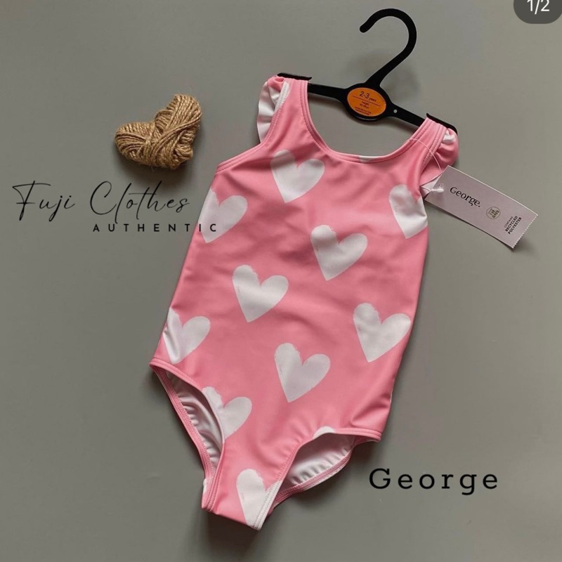 Bộ đồ bơi bé gái chính hãng George, đồ bơi họa tiết trái tim hồng chất polyester cho bé 18 tháng tuổi đến 8 tuổi Auth