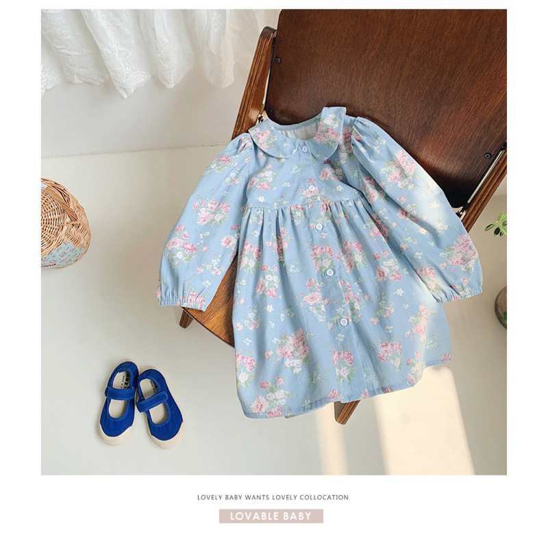 Váy đầm denim cổ sen hàng Quảng châu hoạ tiết hoa nhi phong cách Hàn cho bé từ 1-6 Tuổi