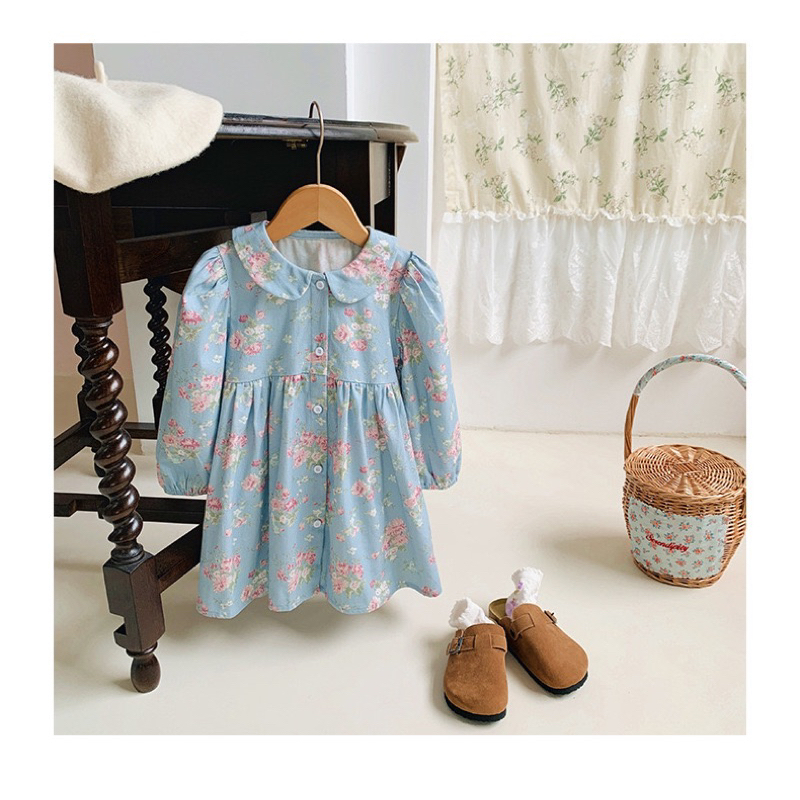 Váy đầm denim cổ sen hàng Quảng châu hoạ tiết hoa nhi phong cách Hàn cho bé từ 1-6 Tuổi