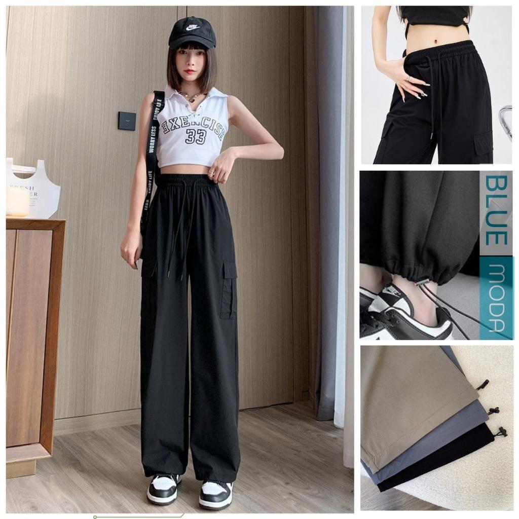 Quần ống rộng nữ vải gió nhung kiểu jogger dáng suông lưng cạp cao túi hộp có dây rút eo BLUEMODA277