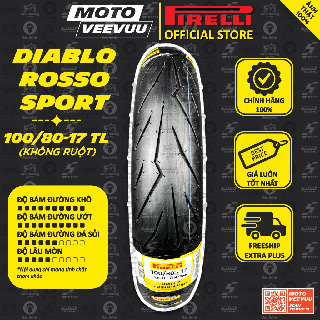 Vỏ lốp xe máy PIRELLI 100/80-17 TL Diablo Rosso Sport (Lốp không ruột)