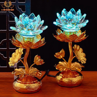 [HÀNG SẴN] CẶP 2 CÂY ĐÈN LED HOA SEN PHA LÊ THỜ CÚNG TRANG TRÍ