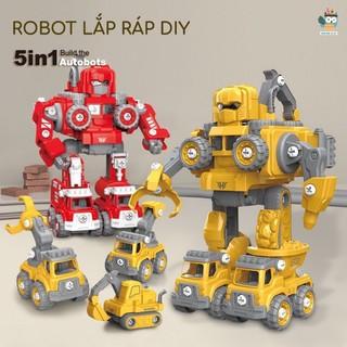 Robot biến hình lắp ráp xe công trình 5in1, đồ chơi lắp ghép xe công trường xe cứu hoả biến hình robot tanker, có đèn có
