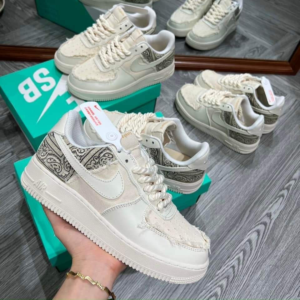 Giày Sneaker Air Force 1 Dây Thừng,  Af1 Thổ Cẩm Tu Big Bang 2 Màu Đen Be Cao Cấp.