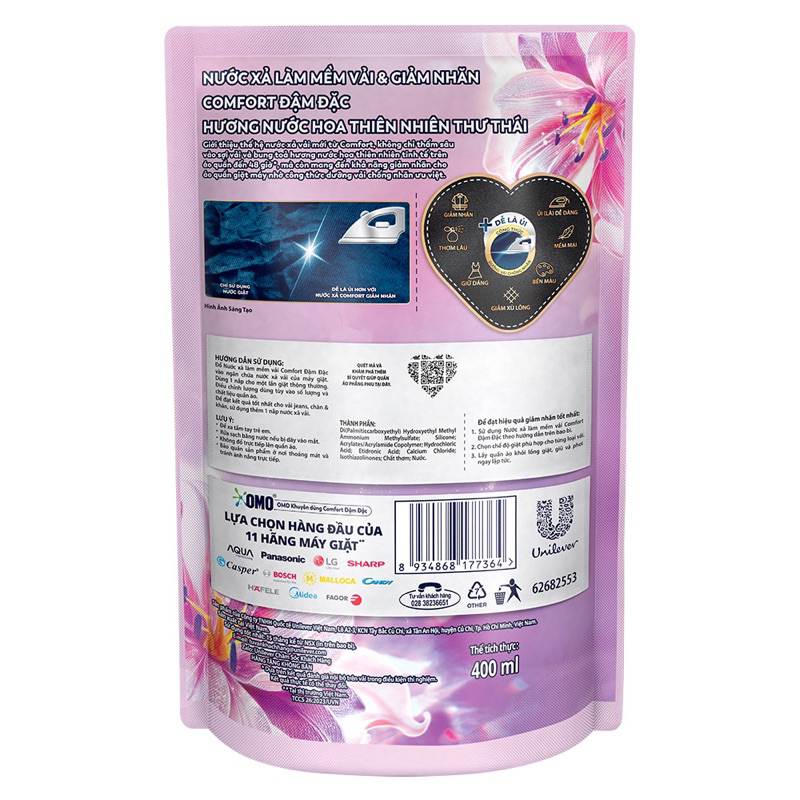 Nước xả làm mềm vải & giảm nhăn Comfort Đậm Đặc Hương Hoa Thiên Nhiên Thư Thái 400ml