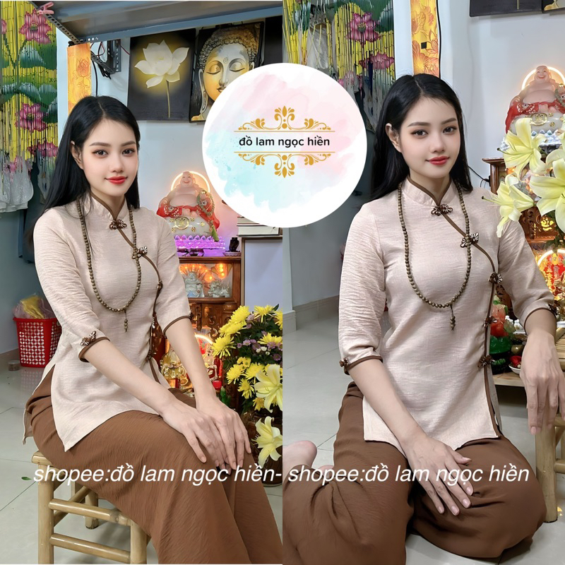 Đồ Lam Đi Chùa Nữ Thiền Nude Kết Nút Hoa Nâu Chéo Quần Nâu Vải Đũi Vân Mây