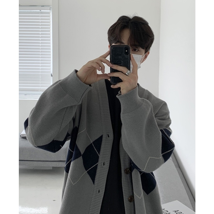 Áo Khoác Len Cardigan Hoạ Tiết Hình Thoi Form Rộng Phong Cách Hàn Quốc