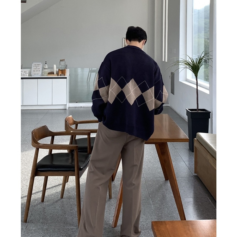Áo Khoác Len Cardigan Hoạ Tiết Hình Thoi Form Rộng Phong Cách Hàn Quốc