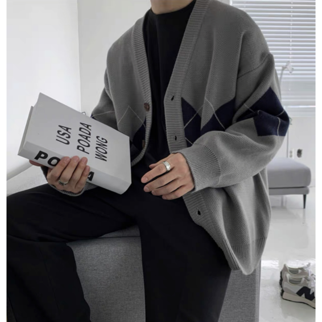 Áo Khoác Len Cardigan Hoạ Tiết Hình Thoi Form Rộng Phong Cách Hàn Quốc