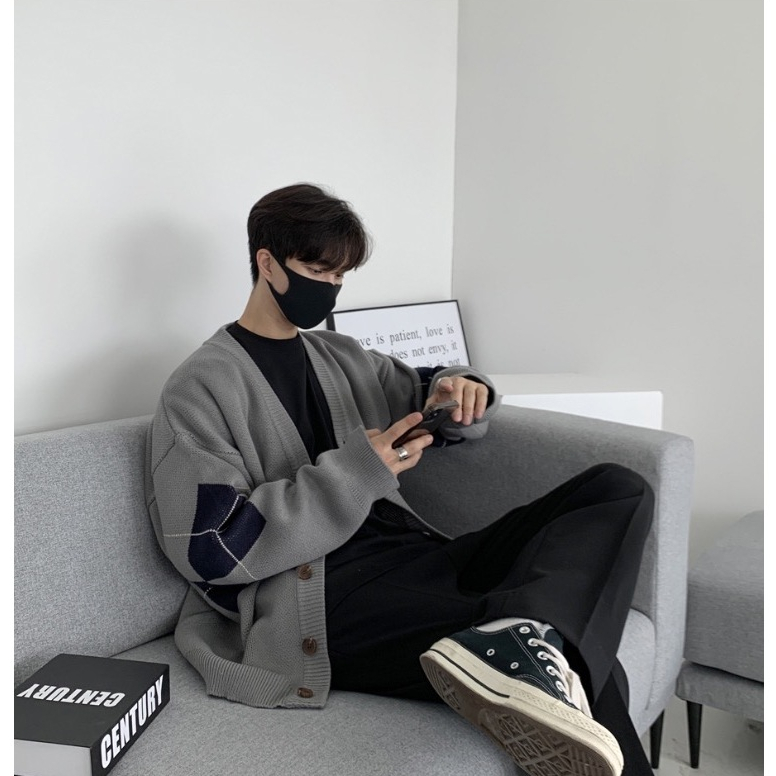 Áo Khoác Len Cardigan Hoạ Tiết Hình Thoi Form Rộng Phong Cách Hàn Quốc
