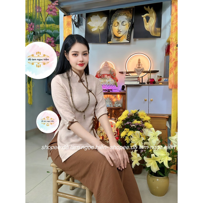 Đồ Lam Đi Chùa Nữ Thiền Nude Kết Nút Hoa Nâu Chéo Quần Nâu Vải Đũi Vân Mây