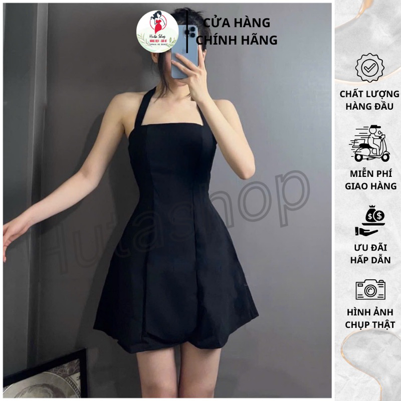Đầm cúp ngực dáng xòe Huta, váy 2 dây cổ yếm thắt nơ sau gáy quyến rũ, chất liệu tuyết mưa, đi chơi dự tiệc siêu xinh