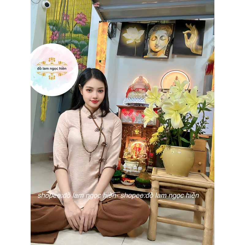 Đồ Lam Đi Chùa Nữ Thiền Nude Kết Nút Hoa Nâu Chéo Quần Nâu Vải Đũi Vân Mây