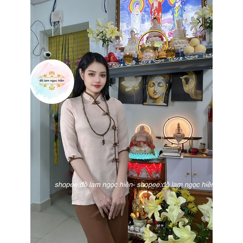 Đồ Lam Đi Chùa Nữ Thiền Nude Kết Nút Hoa Nâu Chéo Quần Nâu Vải Đũi Vân Mây