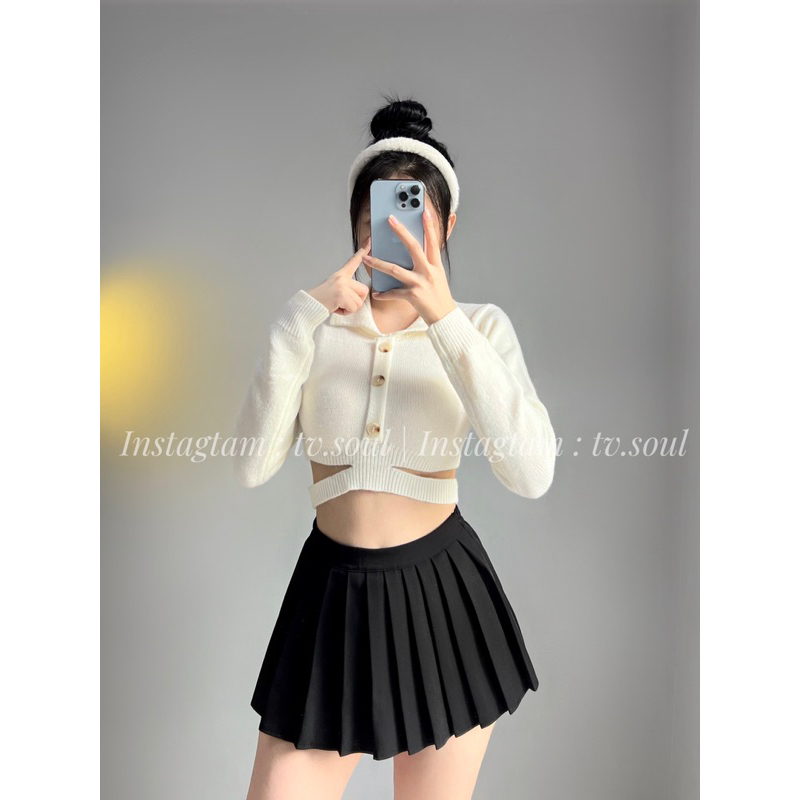 Croptop len tay dài - Chân váy xếp ly