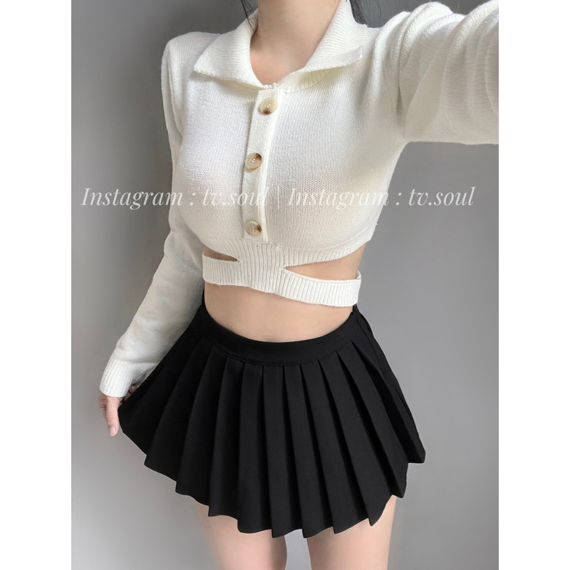 Croptop len tay dài - Chân váy xếp ly