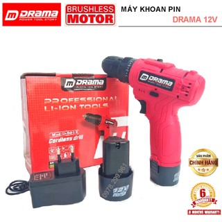 Máy Khoan Pin DRAMA 12V, Bắn Vít - Khoan Cầm Tay 2 Cấp Tốc Độ, 100% Đồng, Siêu bền, Có Đèn