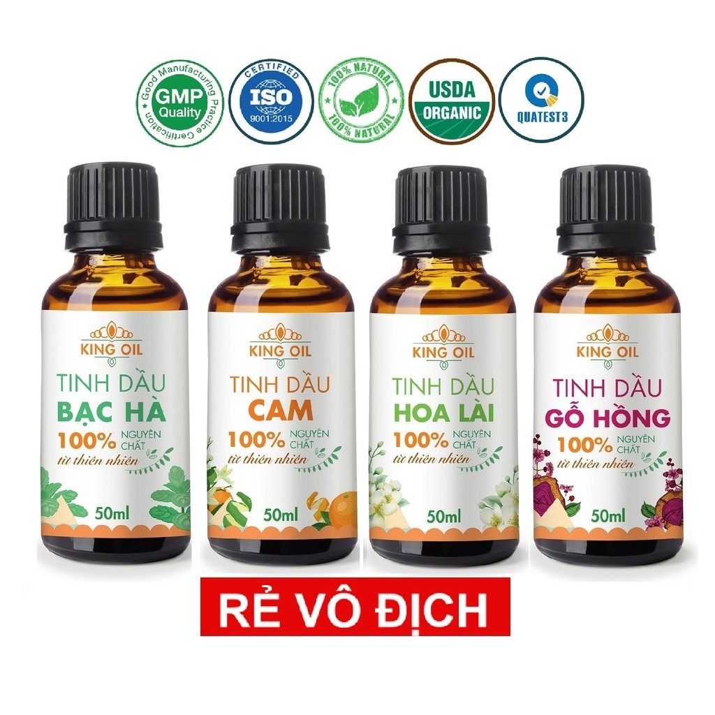 Tinh dầu thiên nhiên KingOil 50ml Sả Chanh/ Bạc Hà/ Quế/ Oải hương/ Bưởi/ Cam/ Lài/ Quýt/ Trầm/ tràm huế/ Gừng/ hoa Hồng