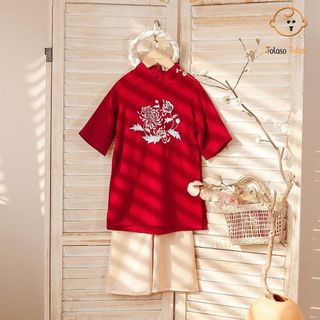 Áo dài cách tân thêu hoa 2 màu đỏ - hồng kèm quần lụa và mấn diện tết cho bé gái