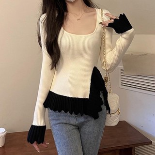 Áo len nữ dài tay xẻ tà chất tăm dáng basic dễ phối đồ
