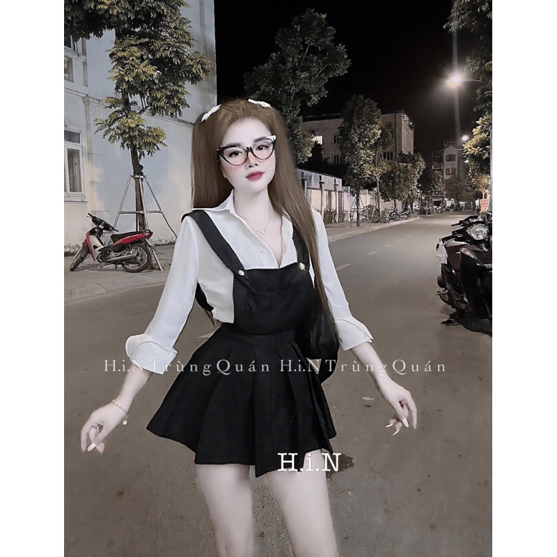 Đầm yếm phối áo sơ mi cute kèm ảnh cận chất