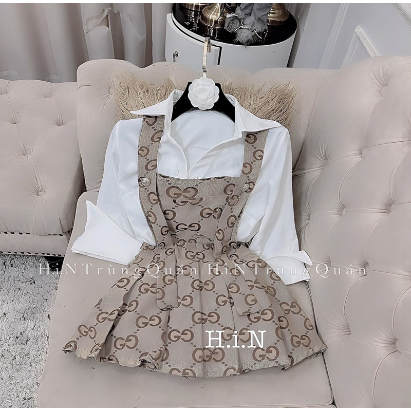 Đầm yếm phối áo sơ mi cute kèm ảnh cận chất