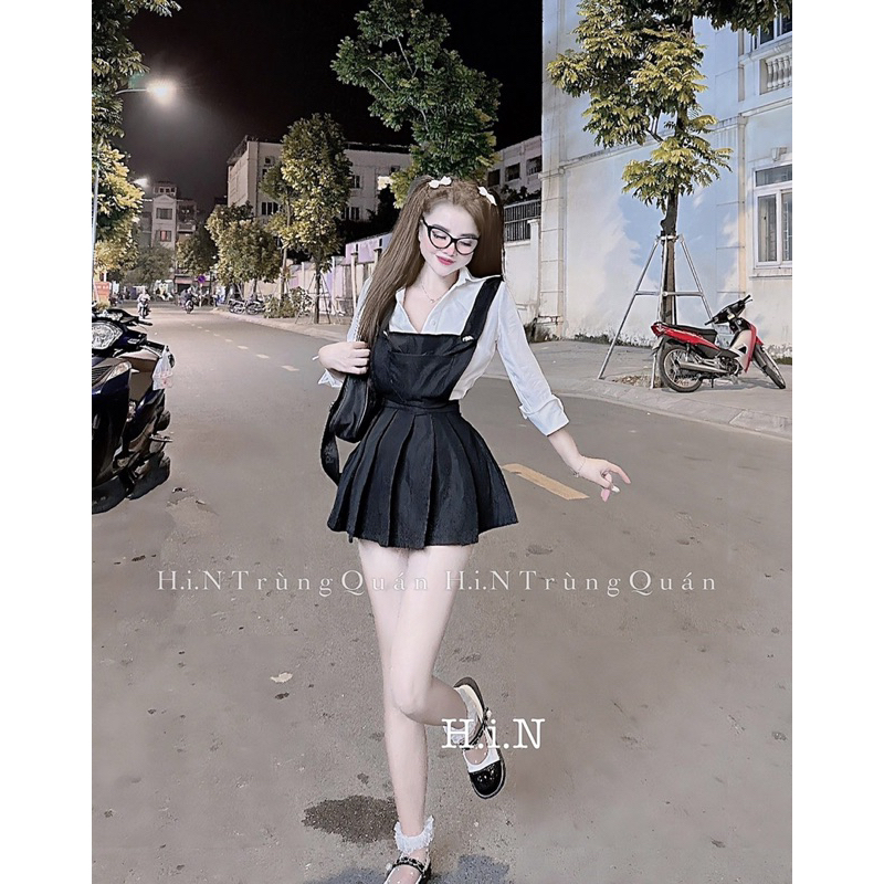 Đầm yếm phối áo sơ mi cute kèm ảnh cận chất