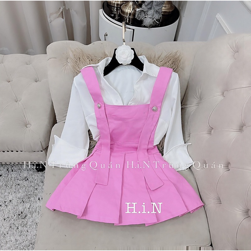 Đầm yếm phối áo sơ mi cute kèm ảnh cận chất