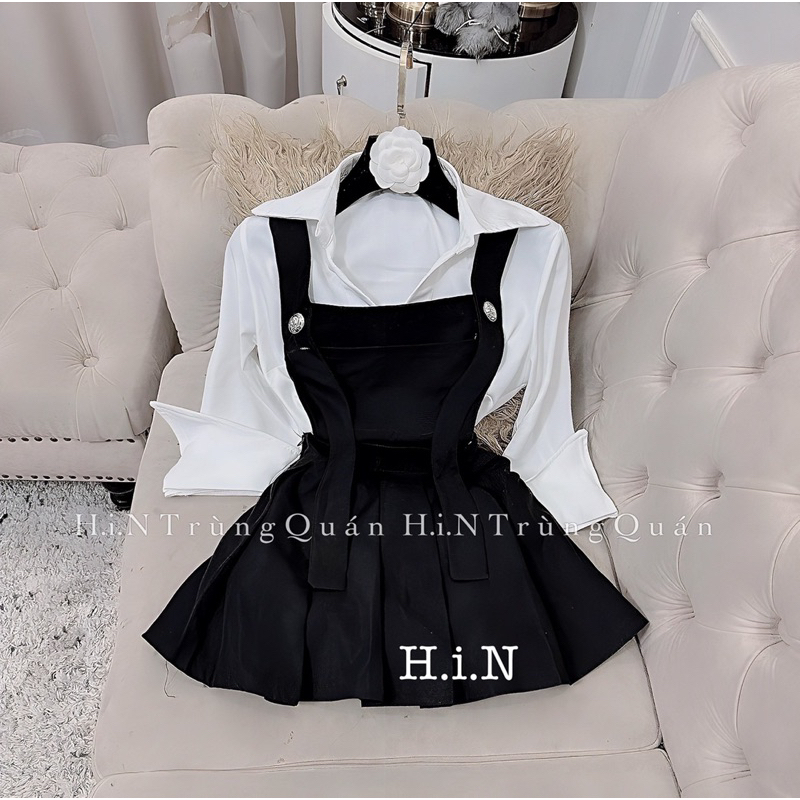 Đầm yếm phối áo sơ mi cute kèm ảnh cận chất