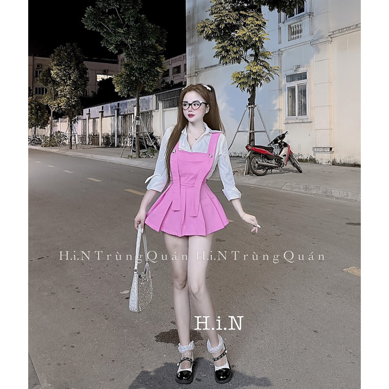 Đầm yếm phối áo sơ mi cute kèm ảnh cận chất