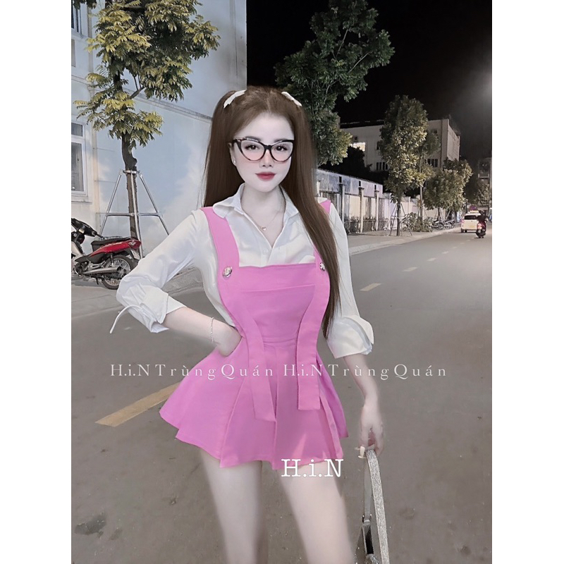 Đầm yếm phối áo sơ mi cute kèm ảnh cận chất
