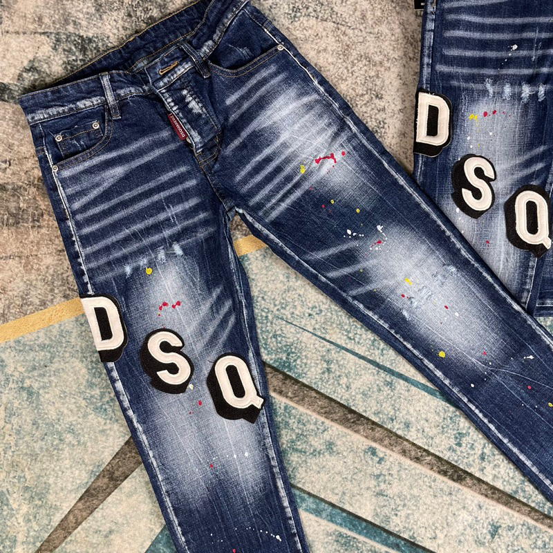 Quần Jean Nam Xanh Wash Bạc Thêu Chữ DSQ Chéo Siêu Hottrend Quần Bò Nam Thời Trang Dehim Vảy Sơn Cao Cấp