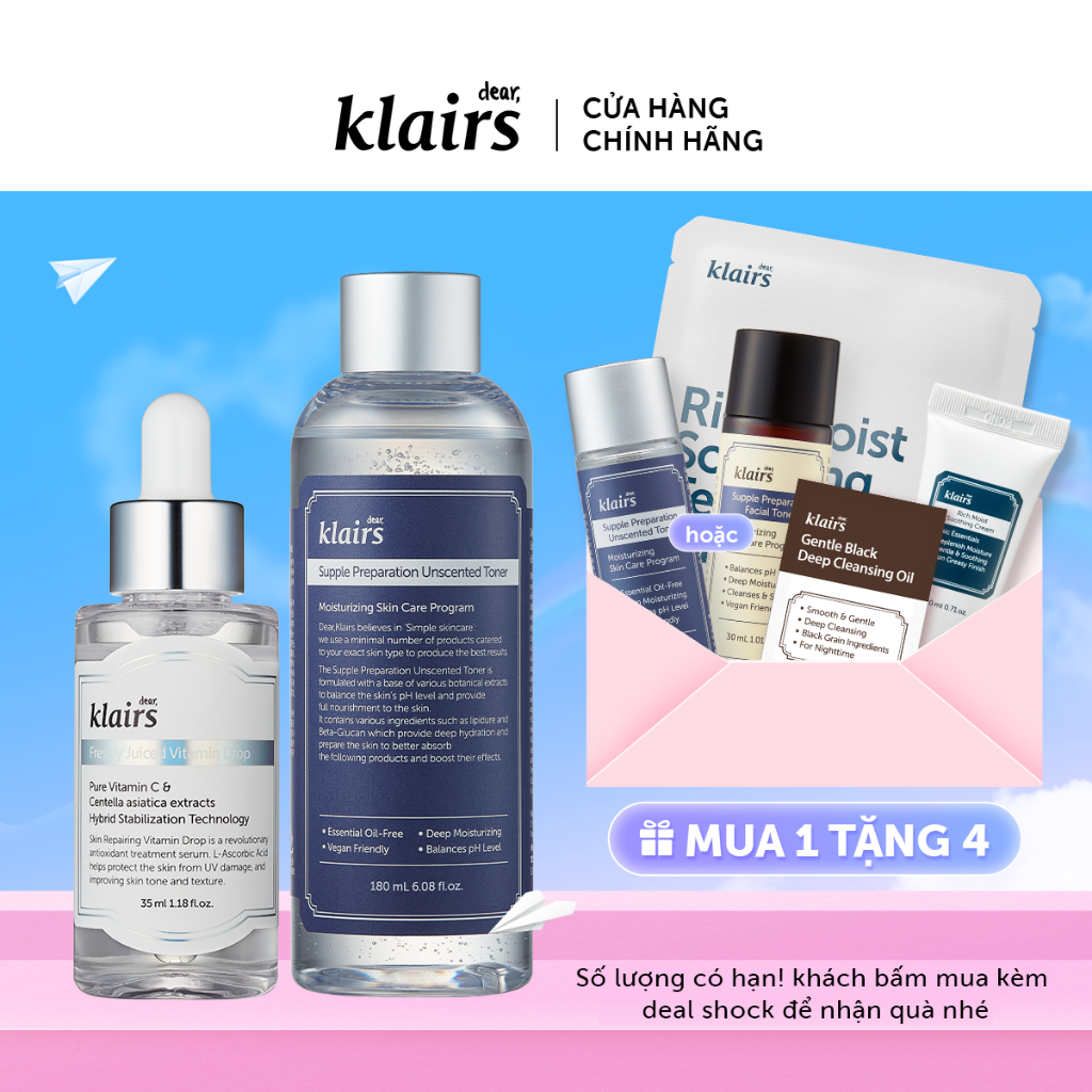 Combo Dear Klairs Freshly Juiced Vitamin Drop + Supple Preparation Unscented Toner 180ml