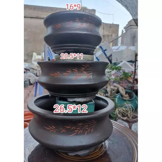 Chậu tròn đen khắc bonsai cây cảnh SP663