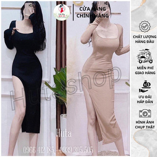 Đầm cổ u body tay dài xẻ tà tôn dáng tôn da đi tiệc sexy