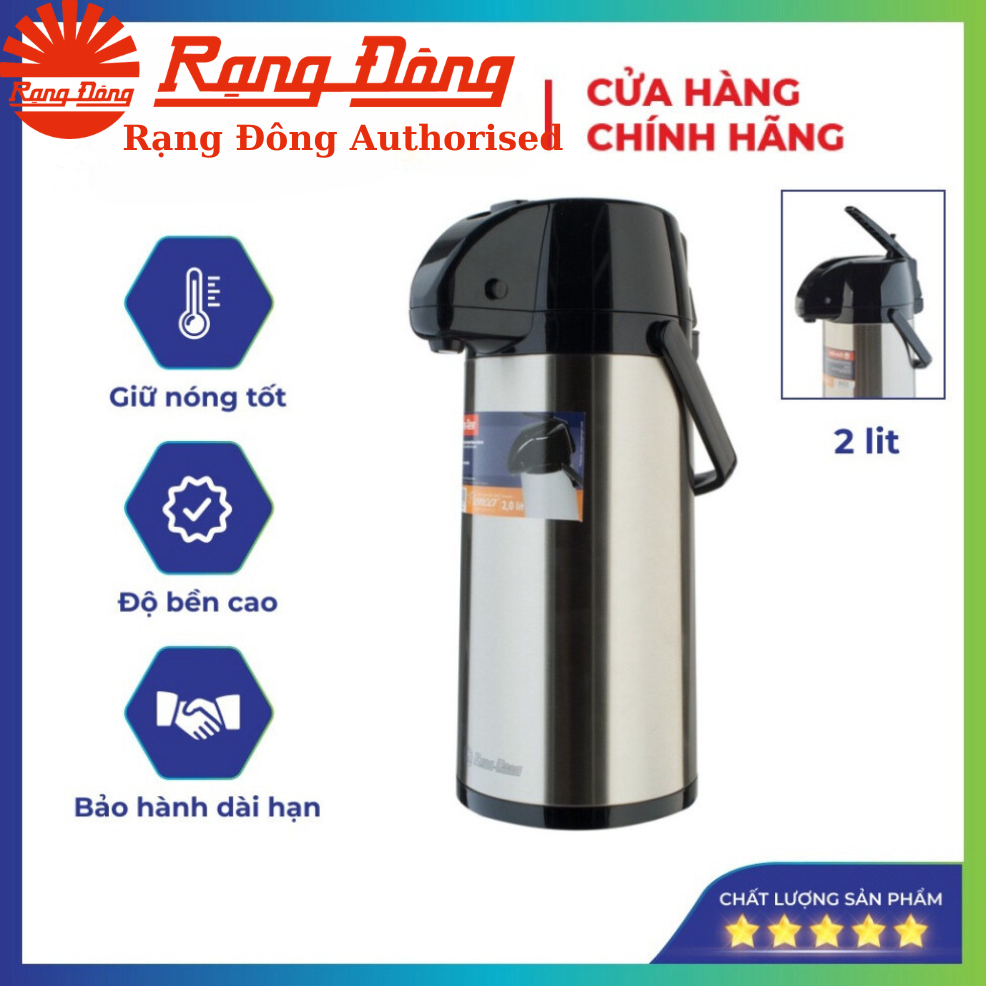 Phích nước Rạng Đông 2 lit cần bơm cao cấp, chất liệu inox, Bình thuỷ giữ nhiệt cafe, pha trà Model 2045ST1.E