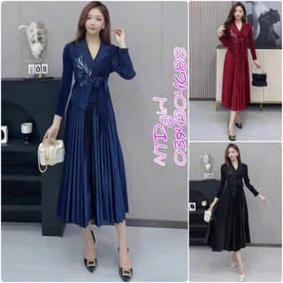 Hàng nhập - Đầm dáng xòe thun nhung xếp li họa tiết đuôi phượng, váy dự tiệc tay dài cổ vest sang trọng