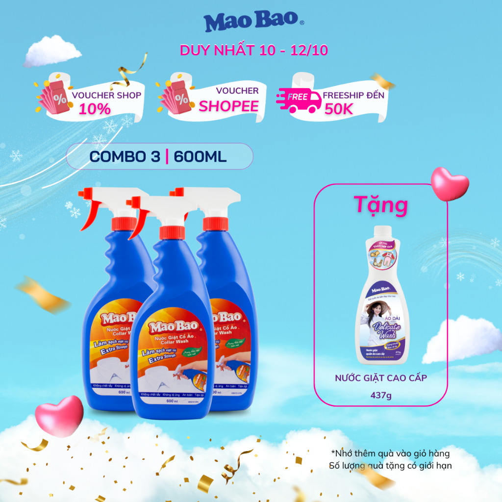 Combo 3 chai Nước giặt tẩy cổ áo Mao Bao 600ml/chai tẩy sạch cổ áo, tay áo, nách áo, không phai màu, không hại da tay