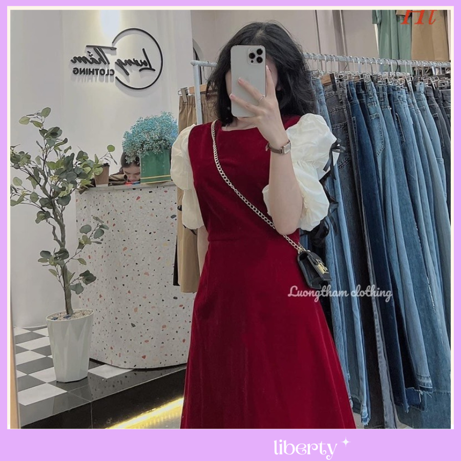 Váy Nhung Tiểu Thư Tay Bồng Đính Đá Nơ Xinh