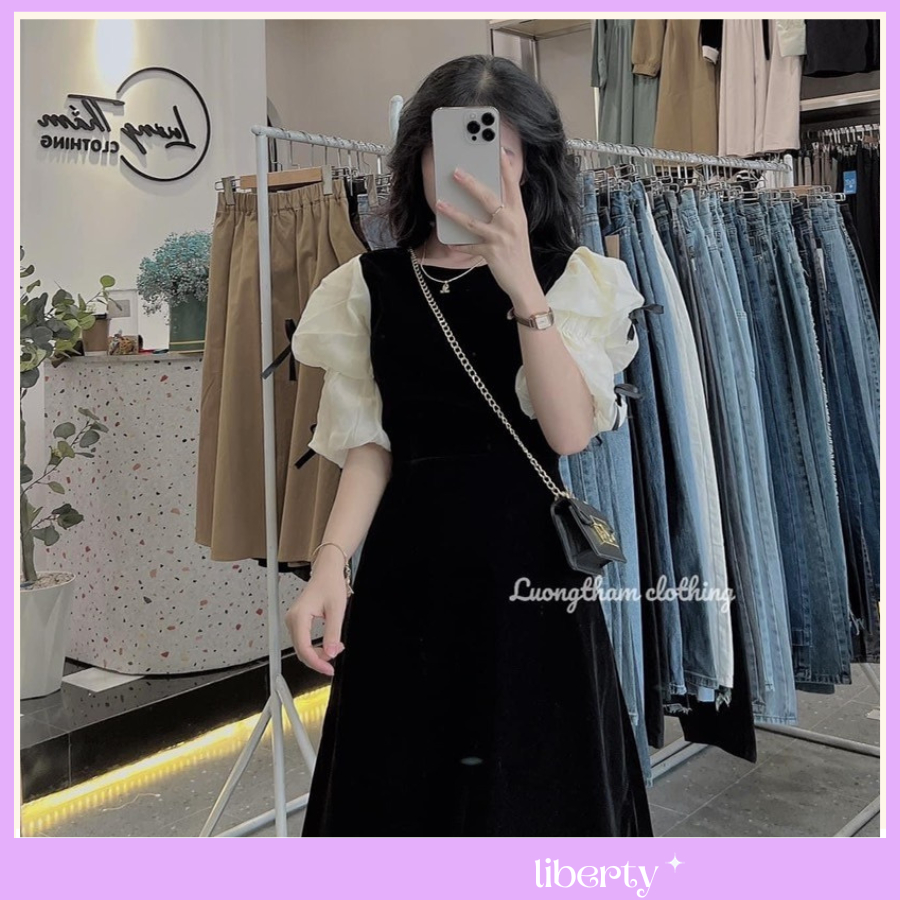 Váy Nhung Tiểu Thư Tay Bồng Đính Đá Nơ Xinh
