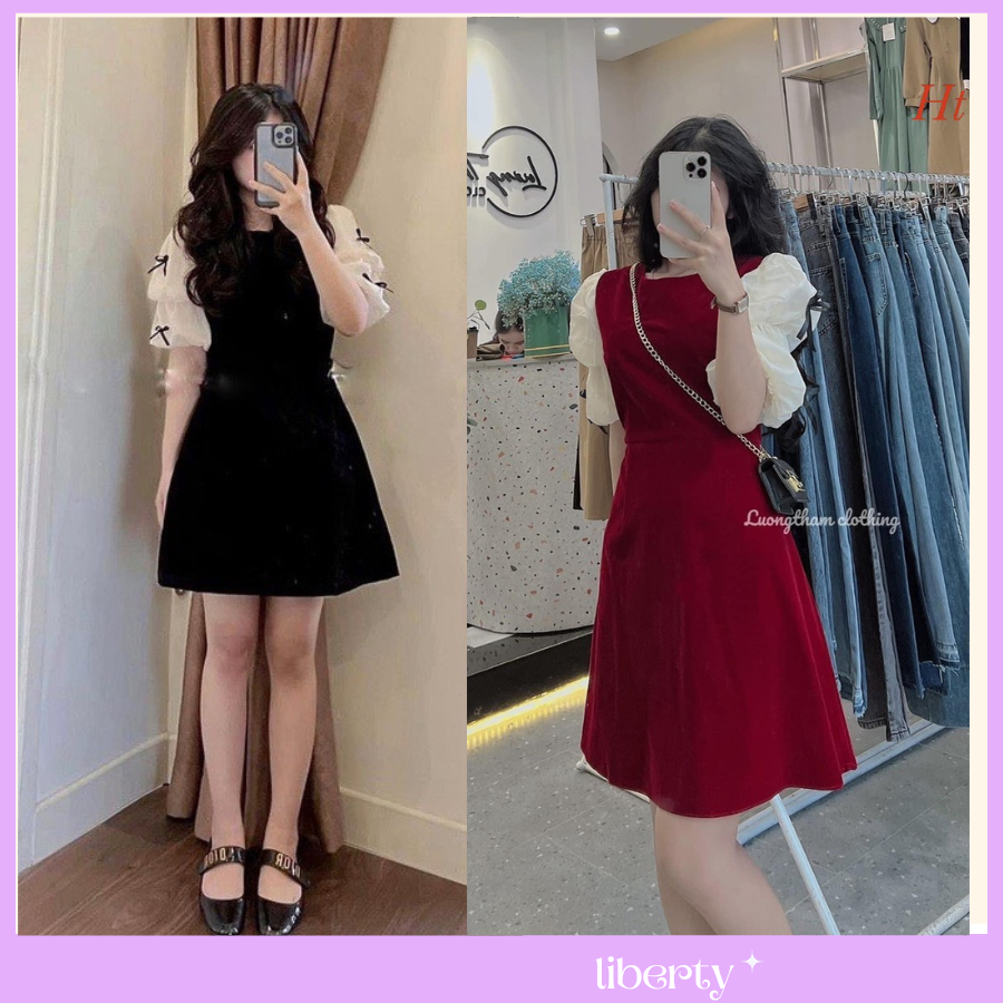 Váy Nhung Tiểu Thư Tay Bồng Đính Đá Nơ Xinh