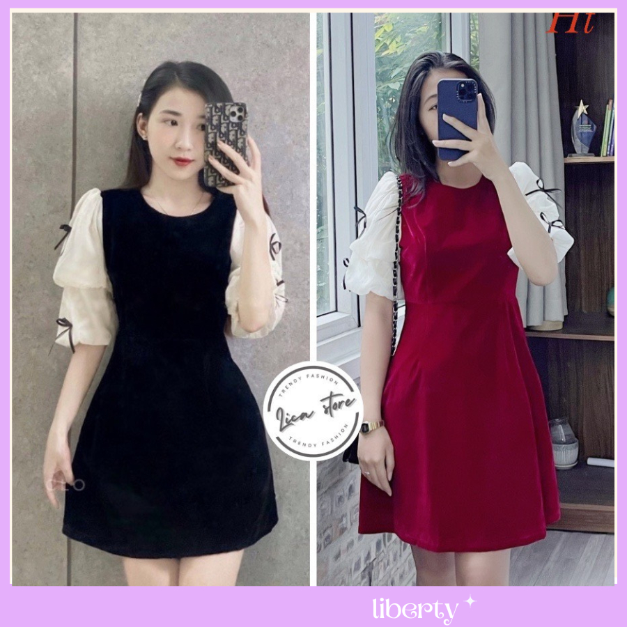 Váy Nhung Tiểu Thư Tay Bồng Đính Đá Nơ Xinh