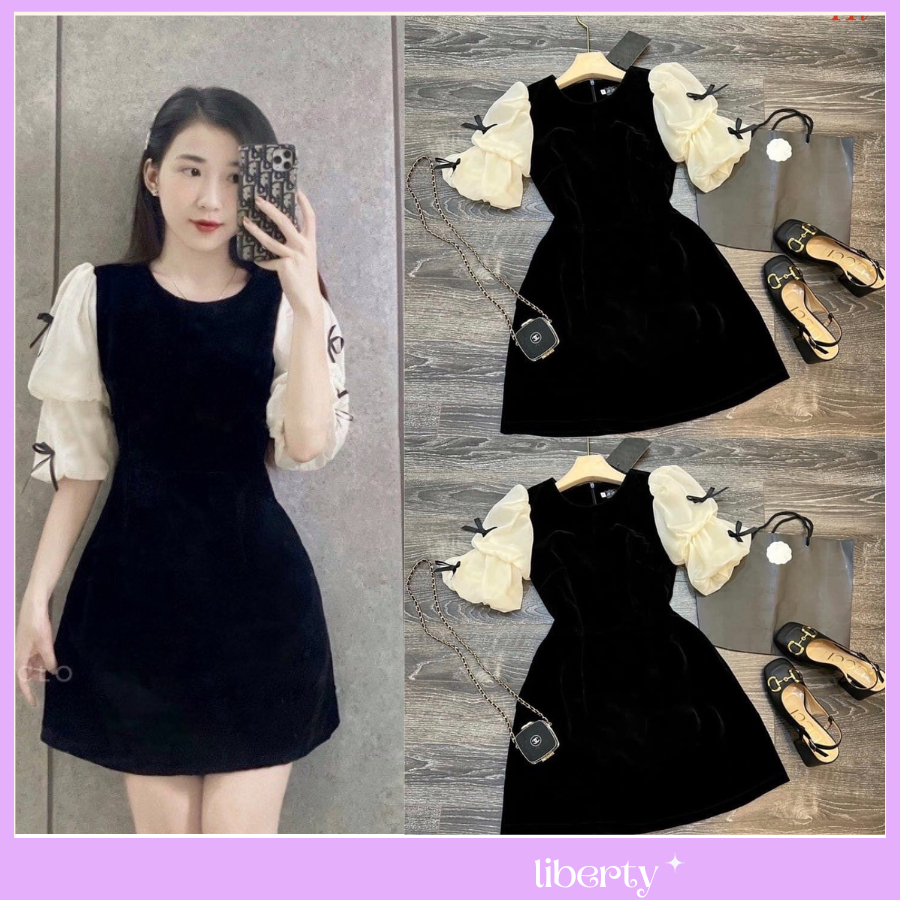 Váy Nhung Tiểu Thư Tay Bồng Đính Đá Nơ Xinh