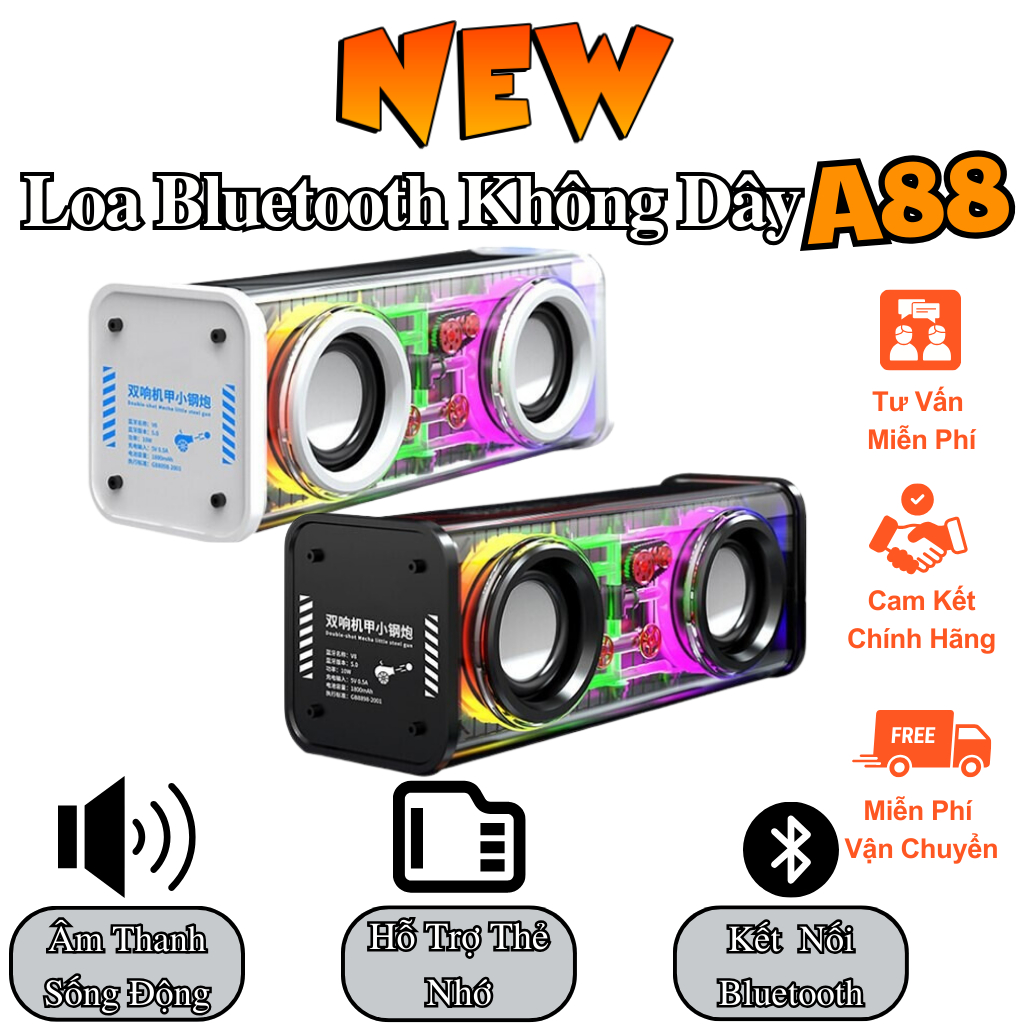 Loa Bluetooth Mini Có Led RGB A88, Bass Mạnh, Có Thể Kết Nối 2 Loa Âm Thanh Vòm Sống Động, Pin Trâu 